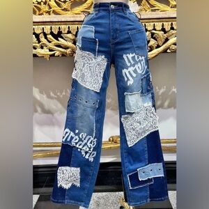 Patchwork Graffiti Lace Denim Pants